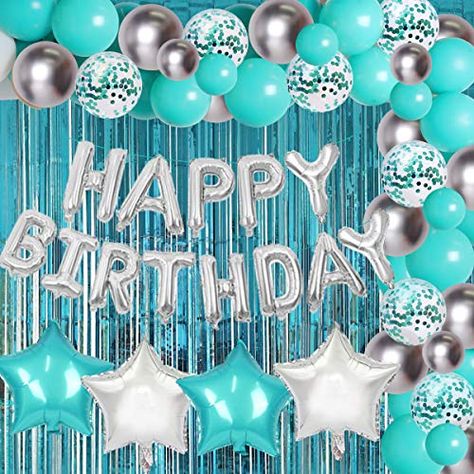 Silver Birthday Party Decorations, Blue Silver Birthday, Blue Birthday Decorations, Birthday Party Decorations Balloons, 1st Birthday Decorations Boy, Silver Birthday Party, 18th Birthday Party Themes, Happy Birthday Foil Balloons, Happy Birthday Balloon Banner