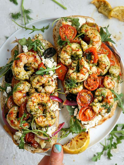 Bruschetta Ideas, Panini Pizza, Caitlin Greene, Feta Bruschetta, Best Bruschetta, Bruschetta Recipes, Pesto Shrimp, Shrimp Toast, Baked Feta