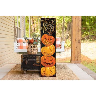 Introducing the charming 36 "Trick or Treat" Halloween porch sign - front porch Halloween welcome sign with vintage Halloween decoration, a perfect blend of vintage Halloween charm and modern farmhouse elegance. This sign brings the spirit of Halloween to life, inviting a touch of whimsy and spookiness to your home. Featuring a beautifully crafted vintage Halloween decoration, this porch sign exudes the playful and mysterious atmosphere of Halloween. The combination of rustic elements with a mod Front Porch Halloween, Vintage Halloween Designs, Porch Boards, Halloween Porch Decor, Porch Halloween, Halloween Porch Sign, Halloween Porch Decorations, Halloween Front Porch, Wooden Pumpkins