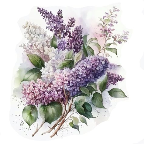 Lilacs Flowers Drawing, Drawing Lilac, Lilac Watercolor Paintings, Lilac Bouquet Drawing, Lilac Botanical Illustration, Lilac Bouquet, Modern Watercolor Art, Flower Frame, Love Flowers