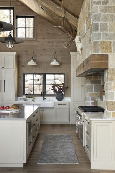 Farmhouse Kitchen With Large Windows, Mountain House Kitchen Rustic, Corner Woodburner Ideas, Antique Doors In House Pantry, Mountain Kitchen Design Ideas, Modern Mountain Barndominium, Cottage Interior Design Bedroom, Kitchen With Rock Backsplash Stone Walls, Barndemonium Interior