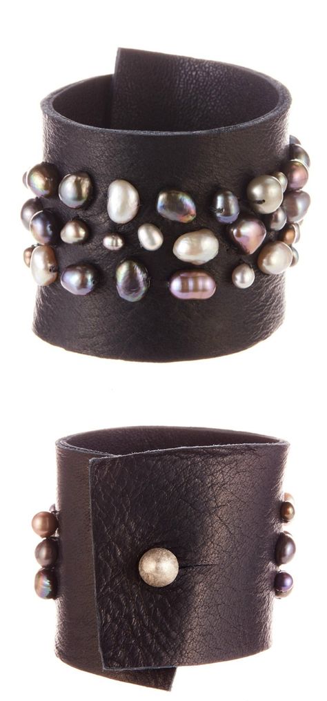 A fantastic leather and pearl cuff bracelet by Andrea Gutierrez. Leather Bracelet Diy, Andrea Gutierrez, Large Pearl Earrings, Leather Jewels, Pearl Cuff Bracelet, Leather Bracelets Women, Women Bracelets, Leather Jewellery, Pearl Cuff