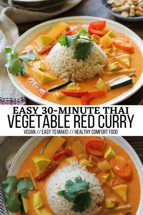 Red Coconut Curry Vegetarian, Red Thai Curry Vegetarian, Thai Red Curry Vegetarian, Vegan Yellow Squash Recipes, Red Curry Vegetables, Vegetable Red Curry, Thai Curry Vegan, Curry Zucchini, Coconut Curry Vegetarian