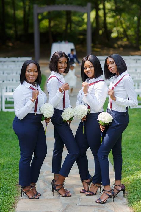 Pantsuits and suspenders are the new trend for bridesmaids these day. Love these navy pants with burgundy suspenders! and the high heels Bridesmaid Suspenders, Navy Suits Wedding Bridesmaid, Bridesmaid Tuxedo, Bridesmaids Pants, Pants Bridesmaid Outfit, Navy Womens Suit Wedding, Bridesmaids Pantsuit, Bridesmaids In Suits, Bridesmaids Suits