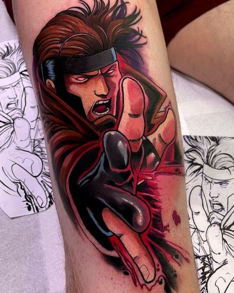 Rouge Tattoo Xmen, Gambit Tattoo Design, Rogue And Gambit Tattoo, Gambit Tattoo X Men, Gambit Xmen Tattoo, X Men Tattoo Ideas, Comic Tattoo Ideas, Gambit Tattoo, Dc Tattoo Ideas