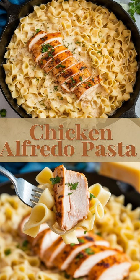 Quick, easy, and oh-so-satisfying! This Chicken Alfredo Pasta comes together in under 30 minutes for a creamy dinner that the whole family will love. Egg Noodle Recipes Chicken, One Pan Dinners Chicken, Easy Chicken Alfredo Pasta, Blackened Chicken Alfredo, Simple Chicken Alfredo Recipe, Egg Noodle Recipes, Pasta Recipes Alfredo, Chicken Alfredo Recipes, Chicken Alfredo Pasta