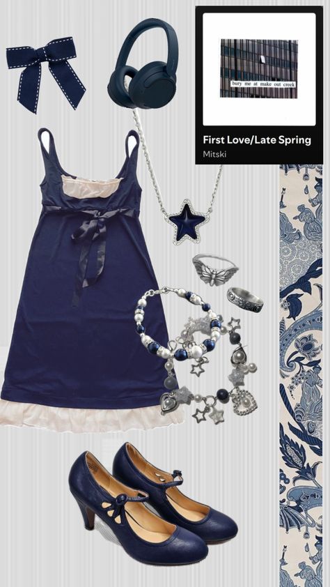 Mitski Outfit inspired first love/late spring off bury me at makeout creek #mitski #mitskishuffle #song #album #music #outfit #blue #white #aesthetic Bury Me At Makeout Creek, Blue White Aesthetic, First Love Late Spring, Mitski Concert, Outfit Inspired, Outfit Collage, Late Spring, Hippie Outfits, White Aesthetic