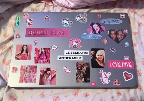 Decorating Computer Laptops, Macbook Case Stickers Kpop, Macbook Design Sticker, Kpop Computer Stickers Aesthetic, Ive Computer Wallpaper, Laptop Decoration Stickers Kpop, Computer Decoration Ideas Stickers, Newjeans Laptop, Kpop Laptop Stickers