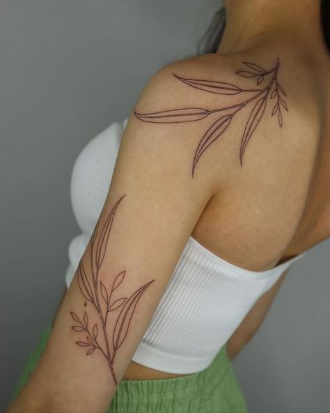 Eucalyptus Vine Tattoo, Eucalyptus Spine Tattoo, Eucalyptus Arm Wrap Tattoo, Eucalyptus Shoulder Tattoo, Eucalyptus Leaves Tattoo, Eucalyptus Tattoo, Upper Arm Tattoos, Delicate Tattoo, Detailed Tattoo