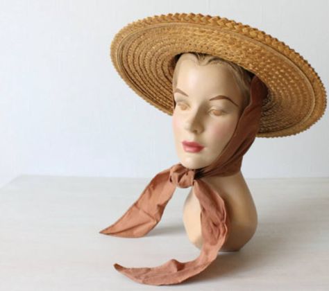 Wide brimmed straw hats that tie under the chin, 1940s Vintage Sun Hat, Nappa Valley, Vintage Headwear, 1970s Outfits, Dapper Dress, 1950s Hats, 1940s Fashion Women, Vintage Straw Hat, 1950s Hat