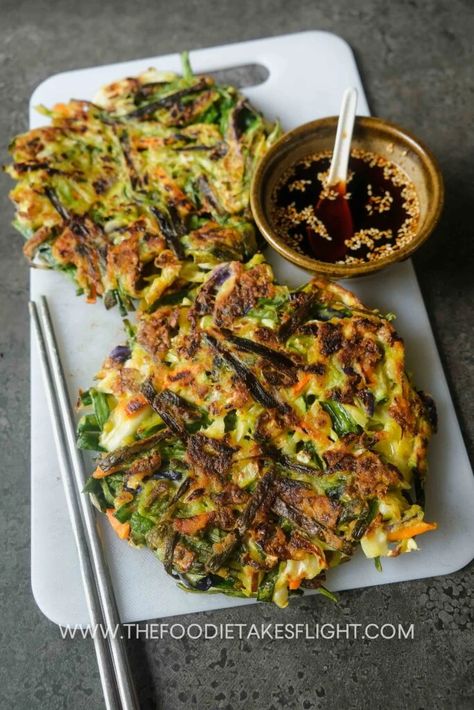 Vegan Yachaejeon (Korean Vegetable Pancakes) - The Foodie Takes Flight Chinese Vegetable Pancakes, Korean Breakfast Pancake, Veggie Pancakes Recipe, Best Way To Eat Vegetables, Korean Pancake Recipe Vegetables, Asian Vegetable Fritters, Keto Korean Pancake, Healthy Vegetable Dinner Recipes, Veggie Pancakes Korean