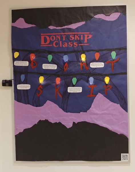 RA Stranger Things themed board about the importance of NOT skipping class! Res Life Bulletin Boards, Dorm Door, Ra Door Decs, Ra Themes, Stranger Things Halloween, Ra Bulletins, Res Life, Ra Bulletin Boards, Residence Hall