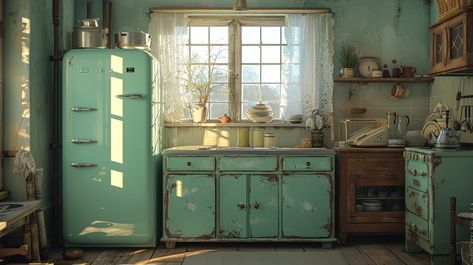 Rustic Kitchen Charm: A warm sunlit vintage kitchen with a retro fridge and rustic cabinets oozing old-world coziness. #vintage #kitchen #rustic #retro #antique #aiart #aiphoto #stockcake ⬇️ Download and 📝 Prompt 👉 https://ayr.app/l/sCjv Old Kitchen Vintage, 90s Kitchen, Isometric Room, Kitchen Rustic, Retro Fridge, Rustic Cabinets, Old Kitchen, Large Kitchen, Rustic Kitchen