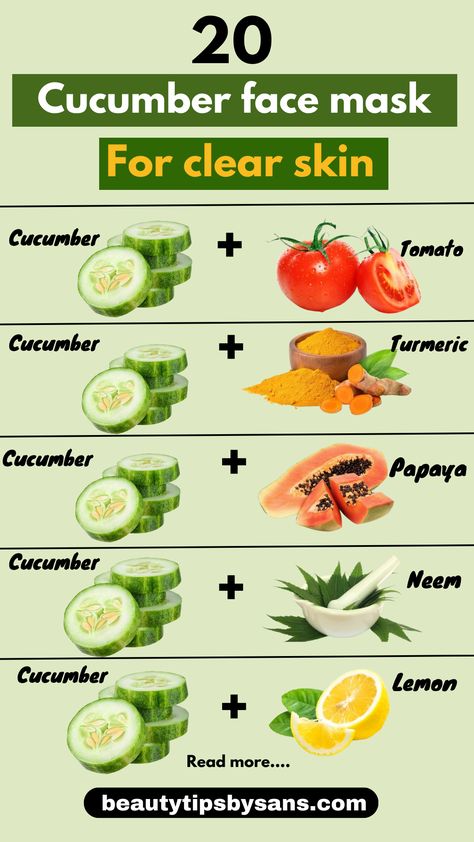 Cucumber face mask for clear skin. Face Mask For Open Pores, Cucumber Skincare, Face Mask For Clear Skin, Mask For Clear Skin, Cucumber For Skin, Diy Spa Day At Home, Benefits Of Cucumber, Face Masks Skin, Whitening Face Mask