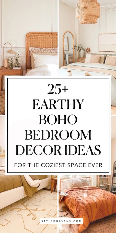 Searching for boho bedroom ideas? Boho bedroom style is soo pretty and soft - and we've hand-picked the very best cozy bedroom inspo to inspire you in creating your own space! Whether you're on the hunt for boho bedroom decor or just general boho bedroom inspo - these modern boho bedroom style ideas will have you swooning! (PIN this to your bedroom inspo board to come back to!) Boho Comforters Cozy Bedroom, Boho Makeup Table, Bohemian Bedroom Color Palette, Cheap Boho Decor Ideas Bedroom, Green Boho Room Ideas Bedroom, Dreamy Boho Bedroom, Hobo Bedroom Ideas Bohemian, Adult Boho Bedroom Decor, Cozy Neutral Bedroom Boho