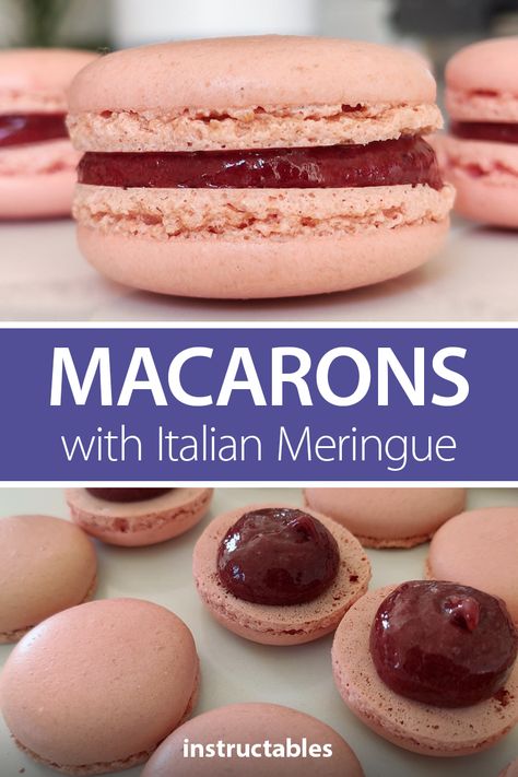 Raspberry Jam Filling For Macarons, Italian Meringue Macaron Recipes, Italian Macaroons Recipe, Italian Meringue Macaron, Raspberry Macaron Recipes, Italian Macaron Recipe, Macarons Filling Recipe, Easy Macaroons, Cafe Treats