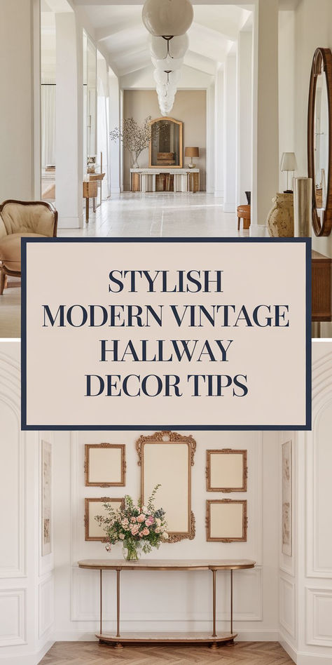 A beautifully styled hallway with a modern vintage vibe, featuring retro elements like patterned rugs, antique mirrors, and bold paint colors. Large Hallway Ideas Entrance, Ideas For Hallways, Vintage Decor Ideas, Upstairs Hallway Ideas, Vintage Hallway, Retro Elements, Hallway Inspiration, Modern Vintage Decor, Hallway Decor