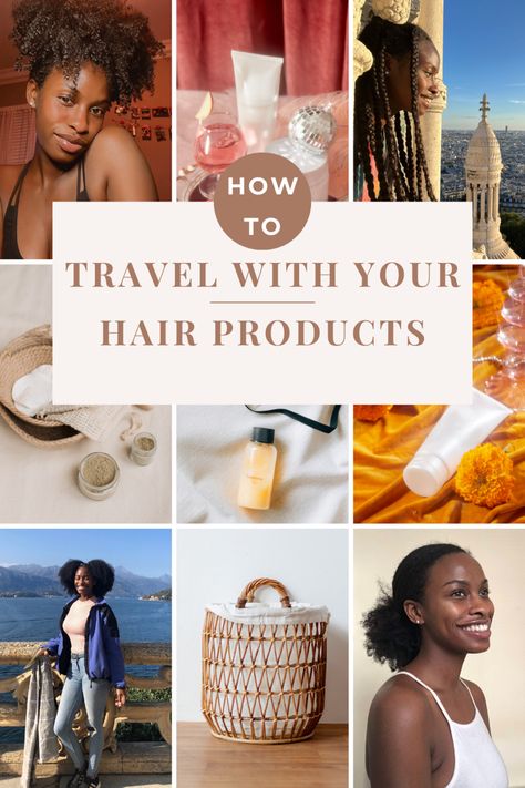 A photo grid of hair product and a Black woman with natural hair with the text reading: How to prep your hair products for travel Product Packing, Travel Shampoo, Curly Hair Products, Packing Hacks, Textured Curly Hair, Low Maintenance Hair, Curl Cream, Hair Product, Black Travel