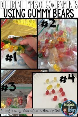 Add some hands on interest to your civics, world or U.S. history lesson with gummy bears. Find a FREE download on how to use them for a Types of Government activity your high school students will love. Use them for illustrations, review, or any other creative way. It’s the perfect, fun way to keep your 9th, 10th, 11th, and 12th grade classroom or home school students engaged and interested in history or social studies.{ninth, tenth, eleventh, twelfth graders, freebie} Civics Classroom, Types Of Government, History Classroom Decorations, High School History Classroom, American History Classroom, Teaching Government, High School Project, High School Social Studies, 6th Grade Social Studies