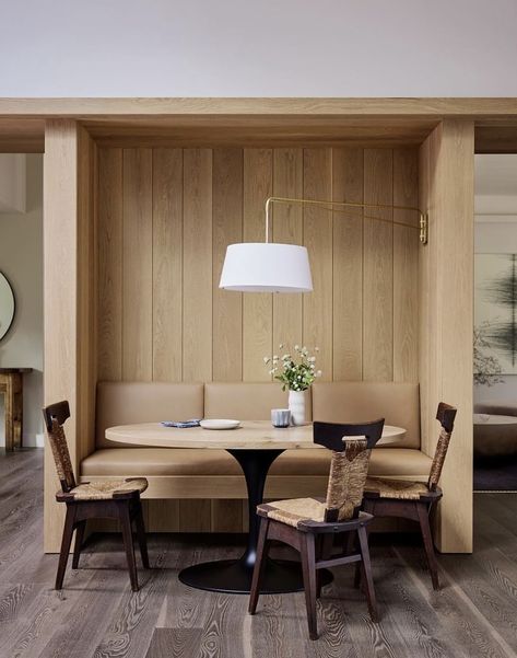 Banquette With Storage, Banquette Seating With Storage, Wall Dining Table, Dining Room Bench Seating, Dining Banquette, Built In Banquette, Light Hardwood Floors, Banquette Seating, Dining Room Inspiration