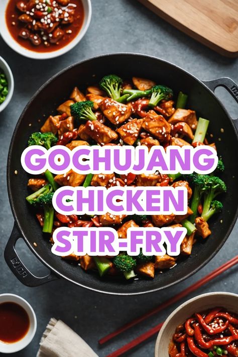 A photo of a  Gochujang Chicken Stir-Fry which is a type of Gochujang Recipes Korean Chicken Stir Fry Recipes, Gochujang Rice Noodles, Things To Make With Gochujang, Korean Stir Fry Noodles, Recipe With Gochujang Sauce, Gogugang Chicken, Chicken Gochujang Recipe, Gochujang Stir Fry Sauce, Korean Chicken Noodles