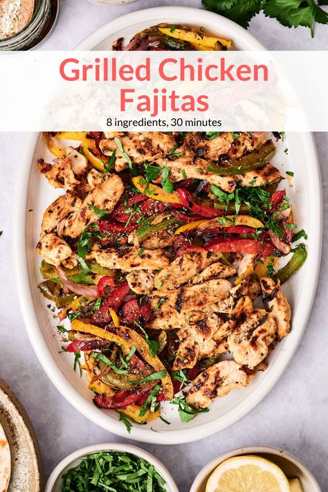 Easy 15-minute grilled chicken fajitas with tender, juicy chicken, bell peppers, and onions cooked with lime juice and homemade fajita seasoning. Delicious, easy-to-make, and healthy! #dinner #freezerfriendly #kidfriendly #quickandeasy #fajitas Chicken Bell Peppers, Grilled Chicken Fajitas, Moist Chicken Breast, Grilled Chicken Tenders, Homemade Fajita Seasoning, Slender Kitchen, Mexican Chicken Recipes, Chicken Fajita Recipe, Keto Plan