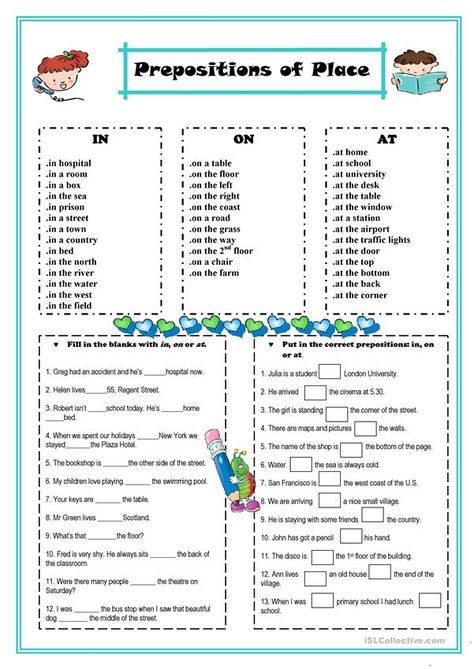 Place Worksheet, Grammar Prepositions, English Printables, In On At, Preposition Worksheets, English Prepositions, English Stories For Kids, Esl Teaching Resources, Spatial Concepts