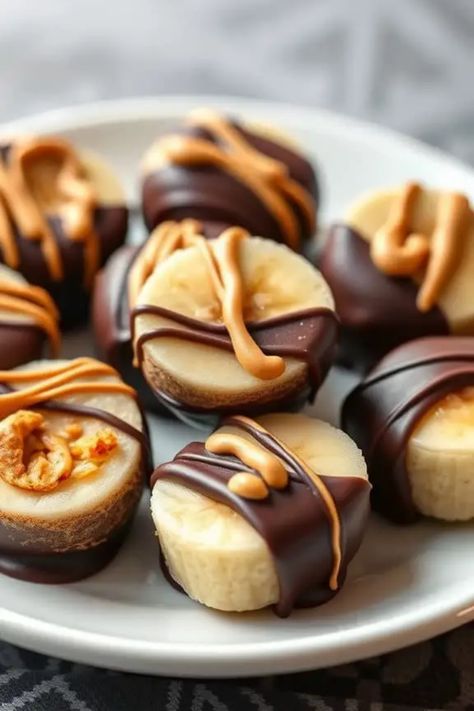 Frozen banana slices drizzled with chocolate and peanut butter on a white plate. Chocolate Banana Bites, Dark Chocolate Banana, Peanut Butter Dark Chocolate, Green Tea Chocolate, Banana Dip, Banana Snacks, Peanut Butter Snacks, Chocolate Covered Bananas, Banana Peanut Butter