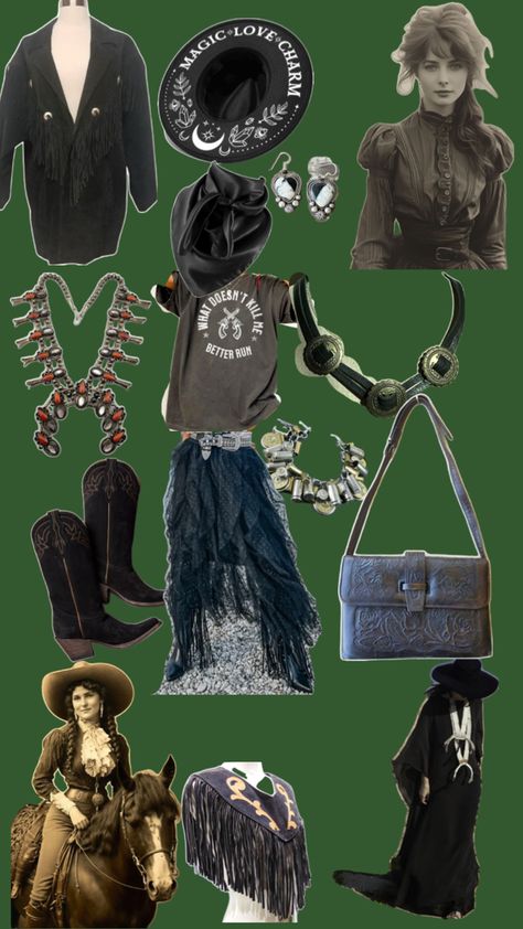 Gothic western with a vintage touch Punk Western Fashion, Gothic Cowgirl Outfit, Westerncore Aesthetic, Goth Western Aesthetic, Clothing Collage, Gothic Western, Western Goth, Grunge Western, Western Gothic