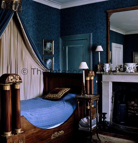 Blue And Purple Interior Design, All Blue Bedroom, Ravenclaw Common Room, London Interior, Dylan Thomas, Purple Interior, Hill House, Snowdonia, Spare Bedroom