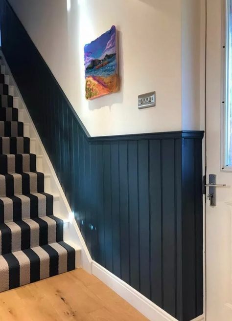 The best half wall panelling ideas in 2022 you can do yourself – Style your Sanctuary Half Wall Panelling, Lambriseringen Gang, Wall Panelling Ideas, Half Wall Ideas, Panelling Ideas, Blue Hallway, Stair Paneling, Mdf Wall Panels, Upholstered Wall Panels