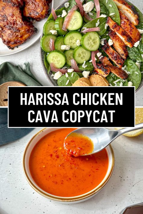 Enjoy a CAVA copycat recipe in the comfort of your kitchen at a fraction of the price! Make this homemade CAVA bowl recipe in under 30 minutes! Honey harissa chicken bowls are made with rice and greens and topped with harissa vinaigrette, feta cheese, pickled red onions, and cucumbers. Cava Bowl Recipe Harissa, Cava Cucumbers, Cava Copycat Recipe Chicken, Copycat Cava Bowls, Harissa Vinaigrette Recipe, Cava Mediterranean Bowl, Cava Harissa Vinaigrette, Diy Cava Bowl, Cava At Home