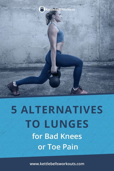 5 Alternatives to lunges for bad knees and toe pain. If you suffer from bad knees or toe pain when performing lunges then this is the article for you. I often get asked, “What can I do instead of lunges?” The lunge is such an important movement pattern that ignoring it all together would be a big mistake. The lunge strengthen the legs, hips, buttocks, core, improves balance and increases hip mobility. #kettlebell #lunges #pain Step Up Workout, Kettlebell Deadlift, Bad Knee Workout, Lunge Workout, Kettlebell Cardio, Bridge Workout, Kettlebell Exercises, Weight Bearing Exercises, Squats And Lunges