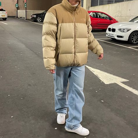 Beige Puffer Jacket Outfit Men, Khaki Puffer Outerwear For Streetwear, Cheap Fall Streetwear Puffer Jacket, Puffer Jacket Outfit Men Streetwear, Brown Puffer Jacket For Winter Streetwear, Puffer Jacket Outfit, Jacket Outfits, Everyday Look, Winter Jackets