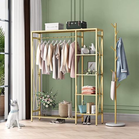 Gold Clothing Rack, Clothing Rack With Shelves, Clothing Display Rack, Industrial Clothing Rack, Standing Clothes Rack, Industrial Clothing, Rolling Clothes Rack, Metal Coat Hangers, Hall Tree With Storage