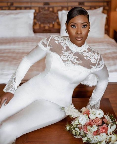 Elegant White Jumpsuit Wedding Dress With Detachable Train Lace Long Sleeves High Neck Floor Length Bridal Gowns Bride Reception Dresses Pant Suits From Sexybride, $127.12 | DHgate.Com Civil Wedding Dresses Nigeria, Wedding Dresses Nigeria, Bridal Jumpsuit With Train, Jumpsuit Engagement, Civil Ceremony Wedding Dress, Jumpsuit With Train, Jumpsuit Wedding Dress, White Jumpsuit Wedding, Camo Wedding Dresses