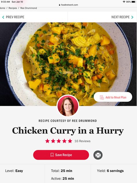 Pioneer Woman Chicken Curry In A Hurry, Pioneer Woman Chicken, Curry In A Hurry, Ree Drummond Recipes, Chicken Sweet Potato, Ree Drummond, Curry Chicken, Save Food, Food Network Recipes