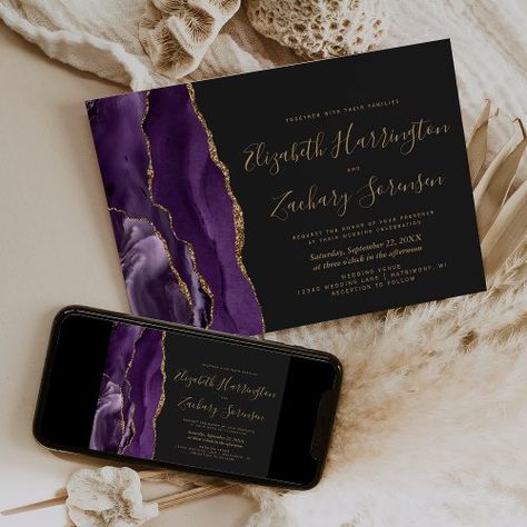 $2.77 | Modern Purple Gold Agate Dark Wedding | Wedding Invitations | watercolor, modern, agate, script, elegant, chic, purple violet plum, trendy gold faux glitter, wpn003 Dark Wedding Invitations, Plum Wedding Invitations, Orange Wedding Invitations, Burnt Orange Weddings, Plum Wedding, Elegant Modern Wedding, Agate Wedding, Navy Blue Wedding Invitations, Burgundy Wedding Invitations