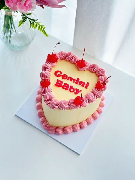 Sweeetheart Cake available to order via email:sweeetcakeart@gmail.com Gemini Party, Birthday Cake Gemini, Gemini Heart Cake, Gemini Cake Birthday, Gemini Baby Cake, Retro Cakes, Gemini Cake Ideas, Gemini Birthday Cake, Gemini Cake