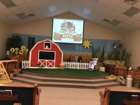 VBS farm theme Farm Stage Decor, Vbs Farm Theme Decoration, Barnyard Vbs Decorations, Vbs Farm Theme, Farm Decorations For Classroom, Farm Vbs Decorations, Farm Classroom Decorations, Farm Classroom Theme Decor, Barnyard Vbs