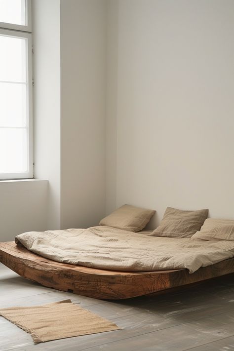 Wabi Sabi Bed: Simplicity in Slumber - Quiet Minimal Only Bed In Bedroom, Non Aesthetic Room, Retreat Room Ideas Small Spaces, Bed Only Bedroom, Wabi Sabi Bed Frame, Minimalist Natural Bedroom, Wabi Sabi Minimalism, Wood Bedframe Aesthetic, Bali Decor Interior Design