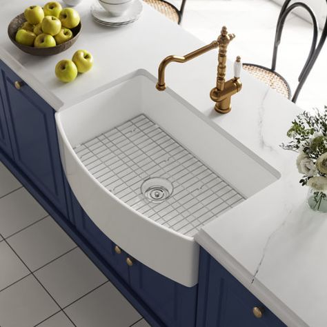 Whitehaus Collection Gothichaus Fireclay 30" x 18" Sink with a Swirl Design Front Apron and a Fluted Front Apron | Wayfair Single Basin Kitchen Sink, White Farmhouse Sink, Apron Front Kitchen Sink, Kitchen Basin, Fireclay Farmhouse Sink, Farmhouse Kitchen Sink, Apron Sink Kitchen, Apron Front Sink, Sink Grid