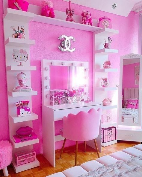 Pink Glam Room, All Pink Room, Pink Room Inspiration, Kids Bedroom Ideas For Girls Toddler, Pink Beauty Room, Pink Room Design, Kids Bedroom Wall Decor, Bedroom For Girls Kids, Barbie Bedroom