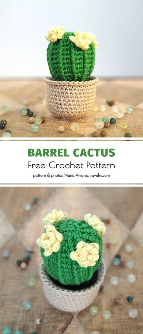 Crochet patterns for amigurumi plants have arrived, beautiful people! While winter is not over, why not help things along with some permanent amigurumi plants? Have you already found your favorite free crochet cactus pattern? There are so many awesome options out there, right? If you don’t feel like looking any longer, no worries. This one by genius Nuria Álvarez certainly ticks all the boxes. #freecrochetpattern #crochetpattern #amigurumi #crochetplant #crochetforhome Barrel Cactus Crochet Pattern Free, Crochet Barrel Cactus, Free Cactus Crochet Pattern, Crochet Cute Things, Crochet Cactus Free Pattern, Crochet Plants, Crochet Succulent, Barrel Cactus, Crochet Cactus