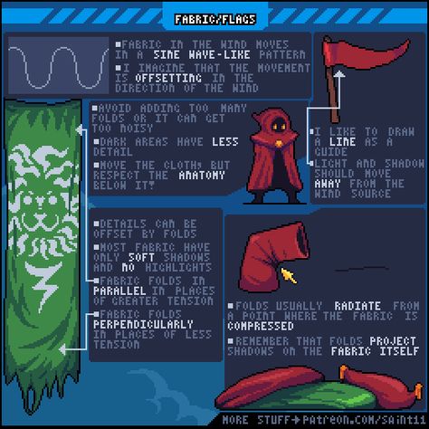 Official Post from Pedro Medeiros: When making flags always be careful to not overdo the folds and details, or everything will get very messy. For the movement, when not sure always remember sine waves.Other tutorials that might help you with the subject: Chacter Idle Fundamentals Part I and Part II  <1 Pixel Movement Pixel Art Characters Tutorials, 16 X 16 Pixel Art, Pixel Art Reference, Pixel Art Tips, Pixel Art Character Design, Pixel Tutorial, How To Pixel Art, Kare Kare, Piskel Art