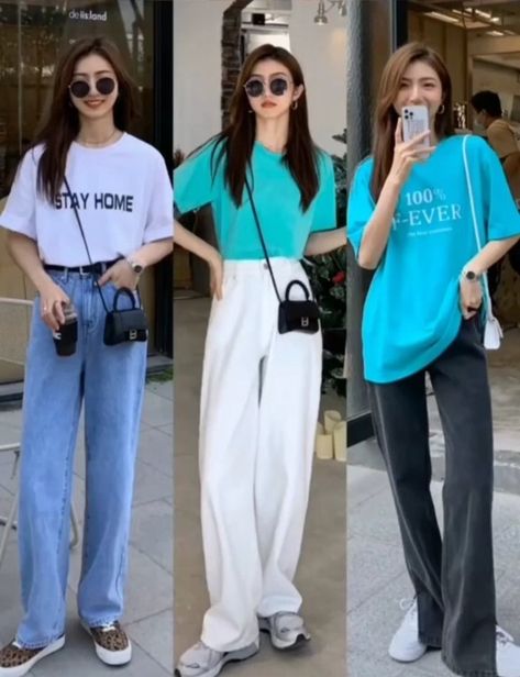 Rainbow Wardrobe, Blue Outfits, Outfits Baggy, Pants Korean, Everyday Pants, Women Dresses Classy, Korean Casual Outfits, Mini Dress Fashion, Baggy Pants