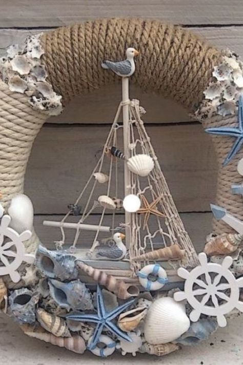 Nautical Seashell Wreath Seashell Decor Ideas, Seaside Wreath, Anchor Wreath, Seashell Decor, Seashell Mirror, Seashell Wall Art, Nautical Wreath, Seashell Wreath, Shell Wreath