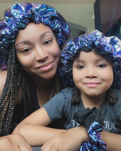 Matching in our mermaid satin bonnets💜 https://thecurlyboo.com/ 💜handmade adjustable and reversible satin bonnets 💜satin pillowcases 💜satin scrunchies 💜adult and kid sizes 💜Free domestic shipping over $50+ 💜1-5 business day turnaround time 💜Black/Woman-owned ATX small business 💜Mommy and me matching set Satin Bonnets, Satin Scrunchies, Satin Bonnet, Satin Pillowcase, Business Day, Mommy And Me, Scrunchies, Over 50, Black Women