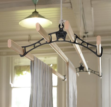 Our deluxe pulley maid ceiling clothes airer laundry drying rack with black cast iron rack ends. Suspended from the ceiling its operated using a pulley system. Utility Room Storage, Small Utility Room, Utility Room Designs, Hanging Clothes Rail, Hanging Drying Rack, Laundry Hanger, Laundry Rack, Drying Rack Laundry, Laundry Drying