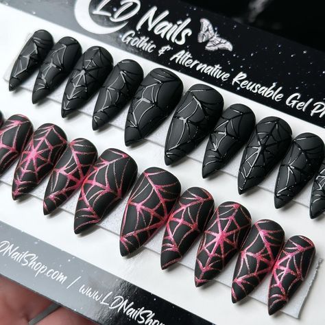 🕸️ Black on Black or Holographic Pink Glitter Webs? 🕸️ #pressonnails #pressons #spiderwebnails #webnails #spidernails #blackonblack #gothartist #gothnails #gothvibes #gothicnails #spookynails #glittergoth #spookylifestyle #spookycute #gothaesthetics #spookynails👻🎃 #blacknails #allblackeverything #pressonnailsofinstagram Glitter Spider Web, Spiderweb Nails, Nails Pink Glitter, Neon Goth, Web Nails, Press On Nails Pink, Cartoon Nails, Country Nails, Pink Holographic